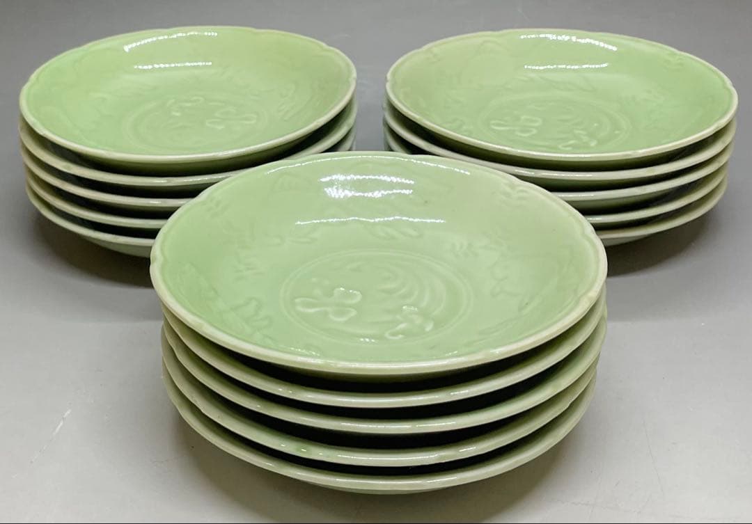 古伊万里　青磁　金魚図　豆皿　小皿　15客　江戸時代　b8907