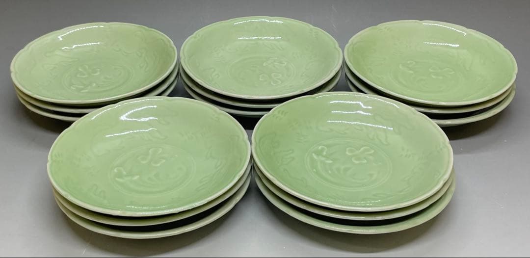 古伊万里　青磁　金魚図　豆皿　小皿　15客　江戸時代　b8907