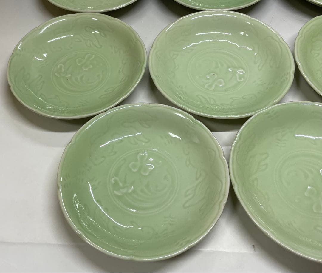 古伊万里　青磁　金魚図　豆皿　小皿　15客　江戸時代　b8907
