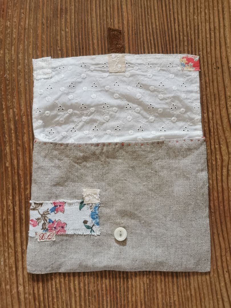 ハンドメイド✃アンティークリネン＆フレンチファブリック 手帳入れ 蓋＆革付ケース