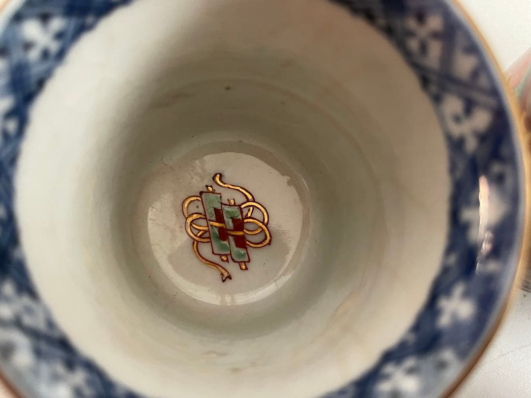 骨董　アンティーク　古伊万里　大聖寺伊万里　色絵　唐草鯉図　筒盃　猪口　五客