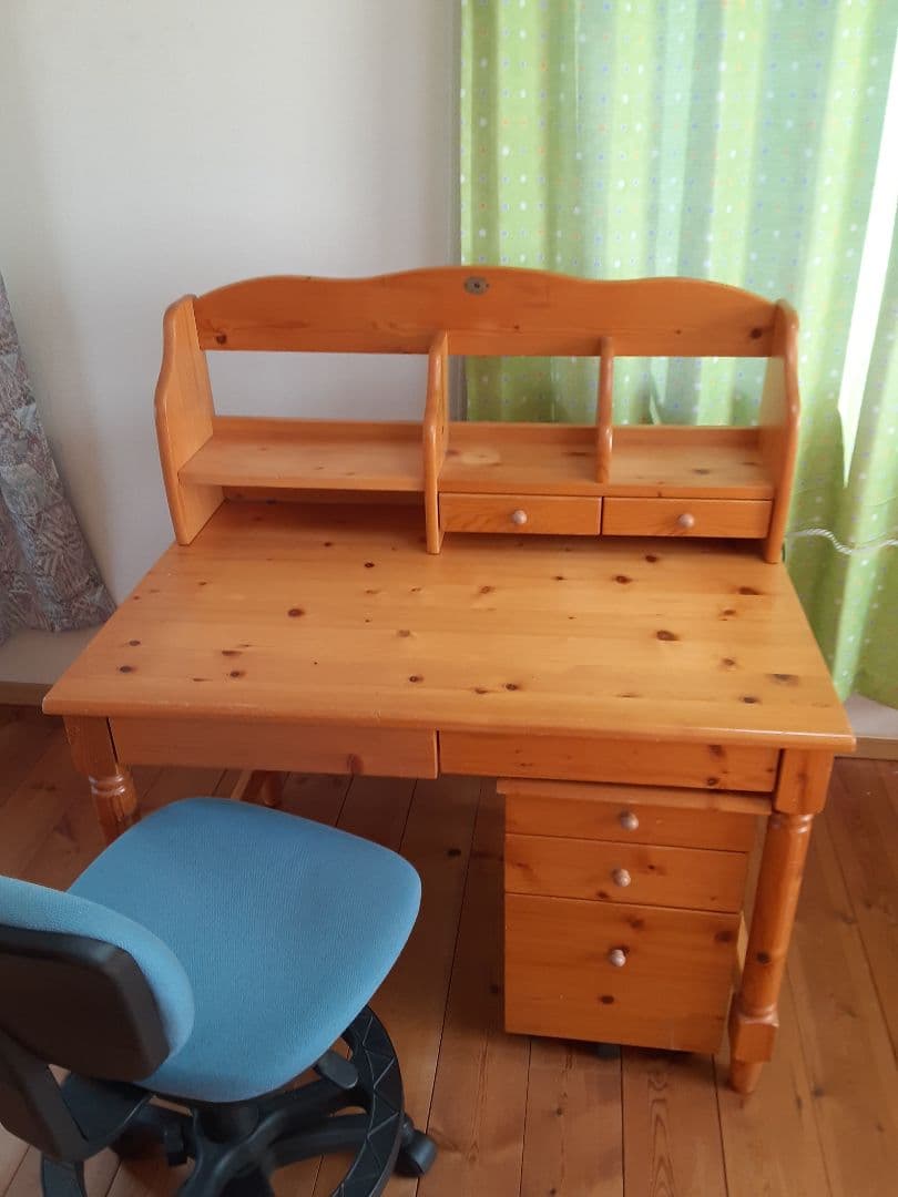 木製パイン材学習机と回転椅子、袖机の3点セット