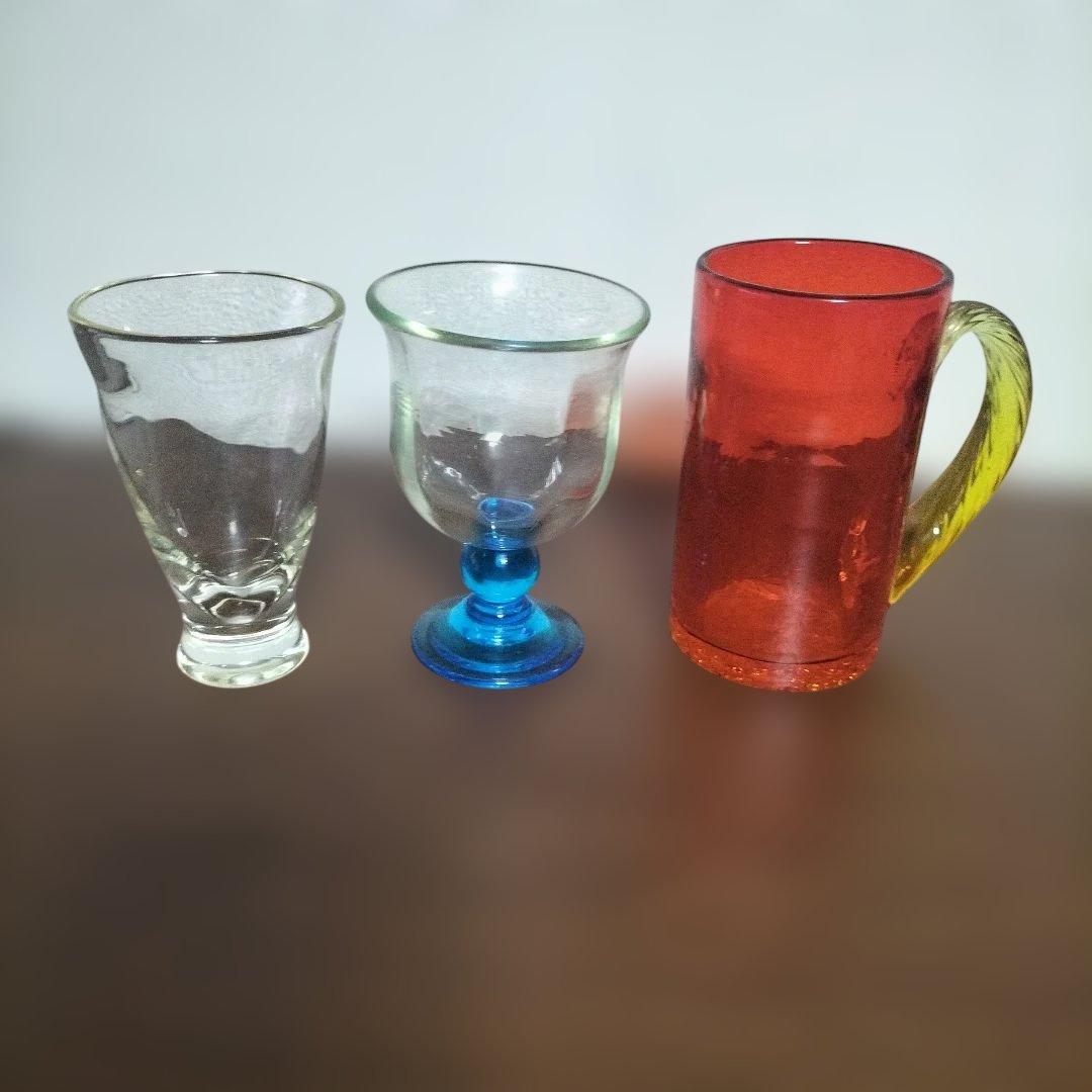 レトロ　氷コップ　ガラス製 脚付きカップ 透明・青　3点