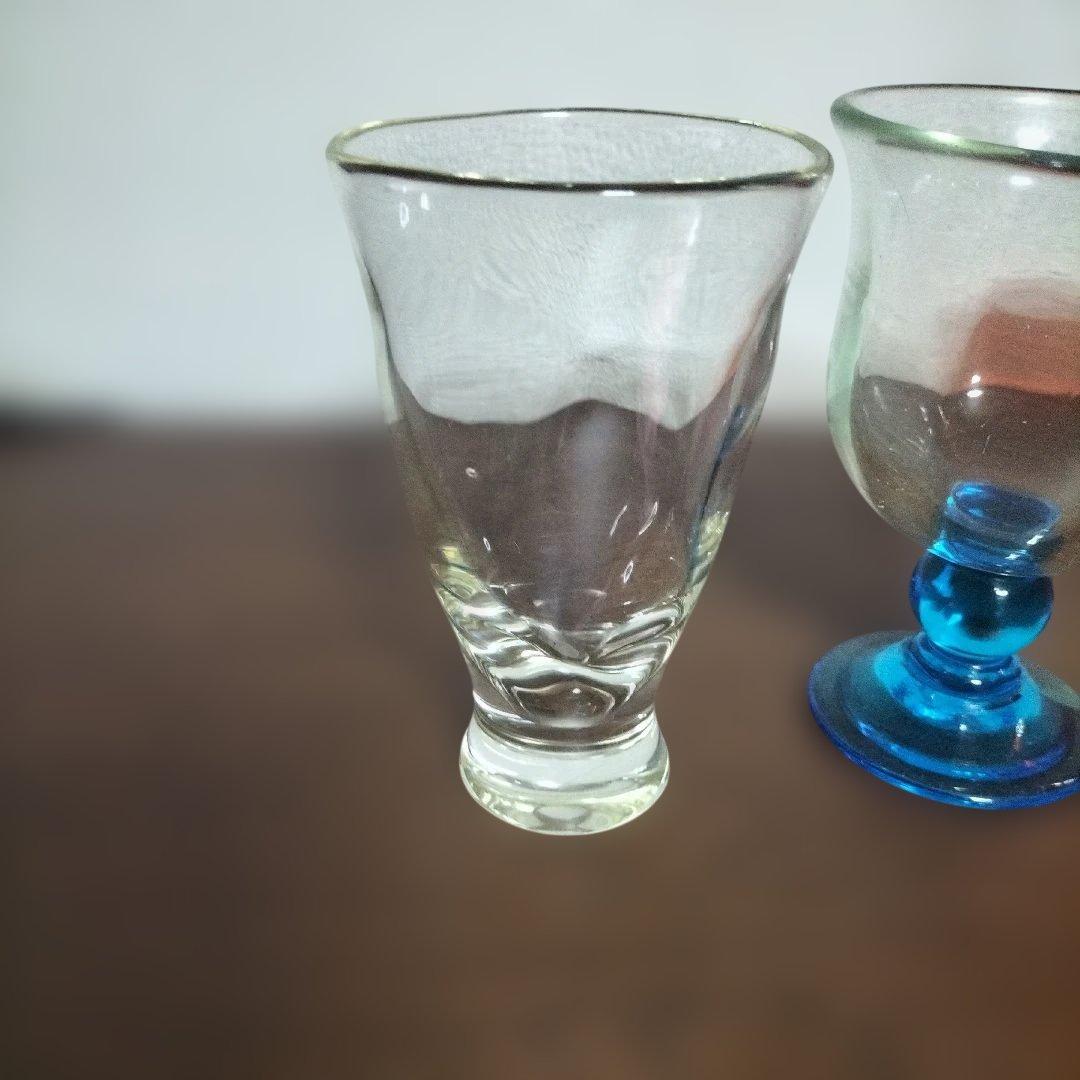 レトロ　氷コップ　ガラス製 脚付きカップ 透明・青　3点