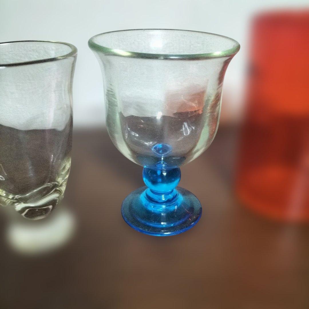 レトロ　氷コップ　ガラス製 脚付きカップ 透明・青　3点