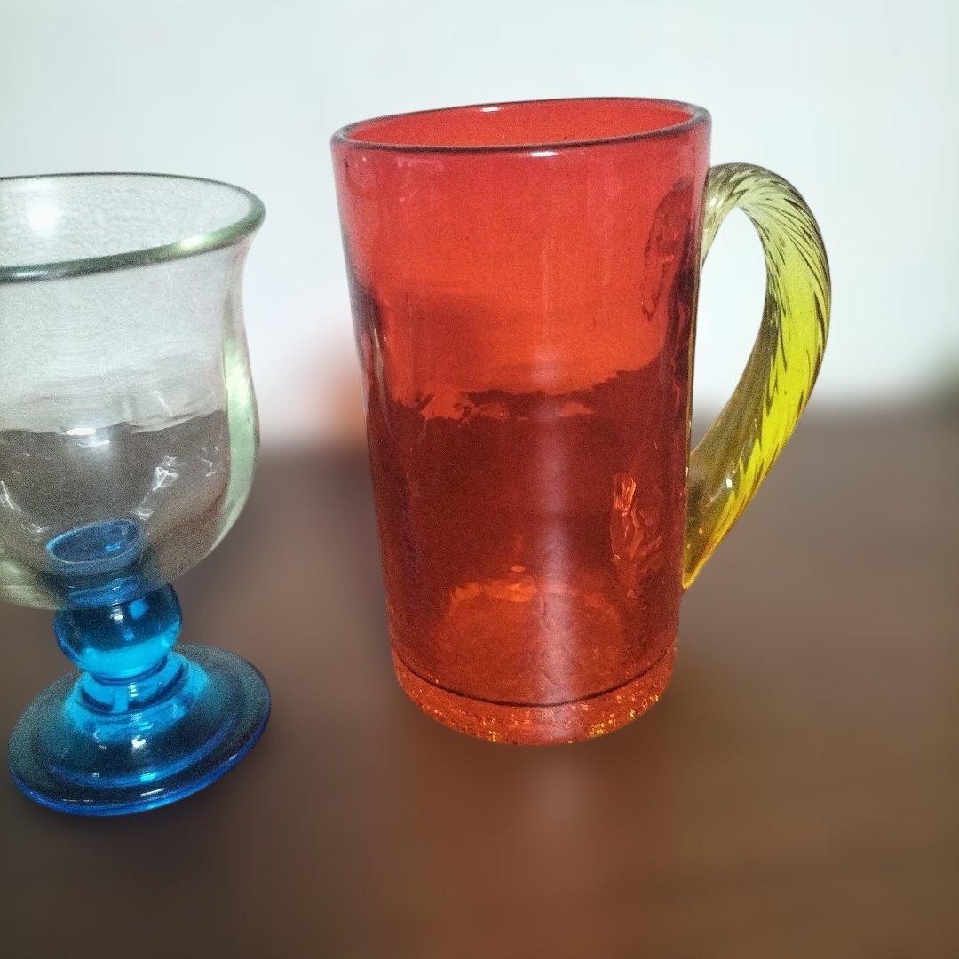 レトロ　氷コップ　ガラス製 脚付きカップ 透明・青　3点