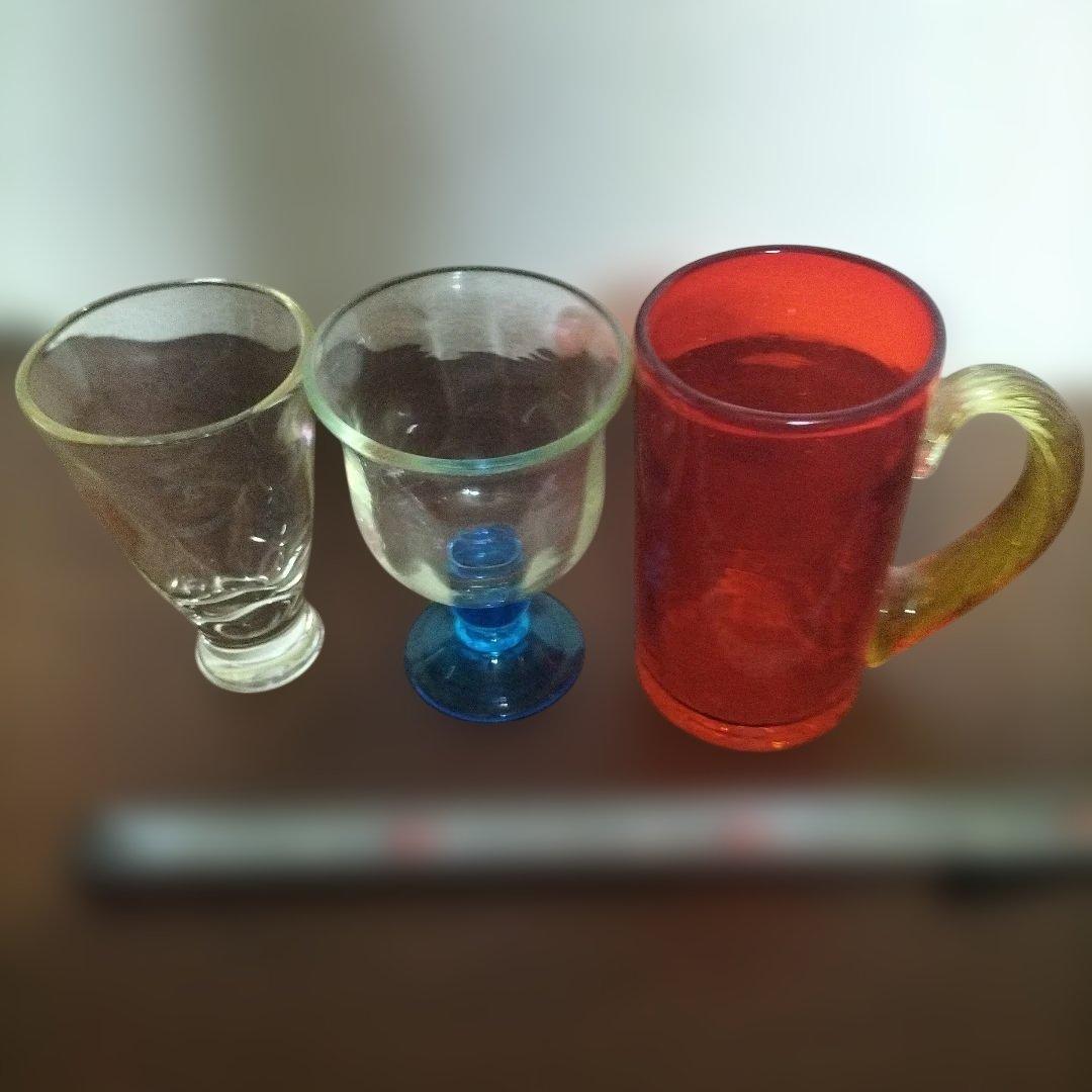 レトロ　氷コップ　ガラス製 脚付きカップ 透明・青　3点