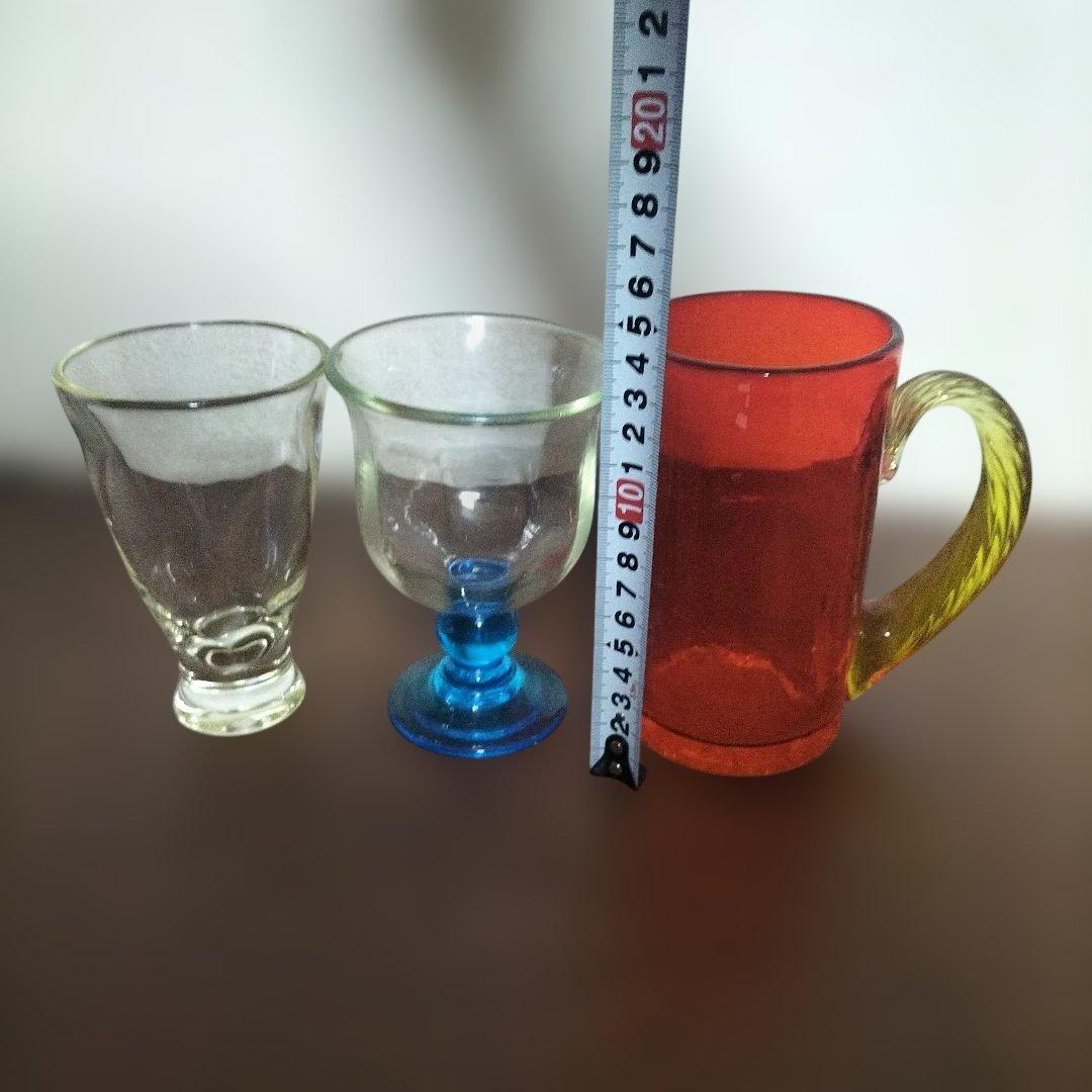 レトロ　氷コップ　ガラス製 脚付きカップ 透明・青　3点
