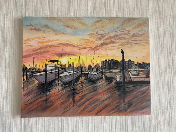 港の夕日　夏風景油絵　アクリル　インテリア飾り