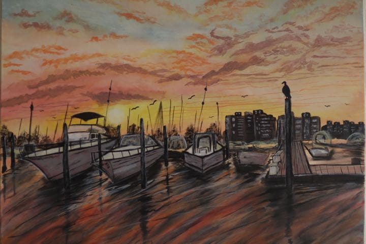 港の夕日　夏風景油絵　アクリル　インテリア飾り