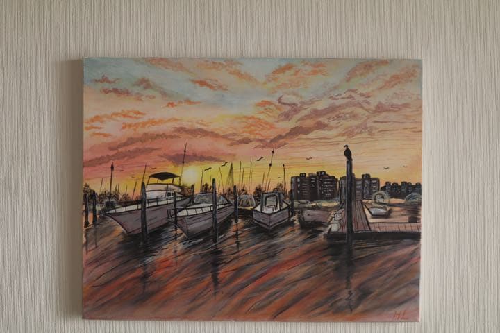 港の夕日　夏風景油絵　アクリル　インテリア飾り