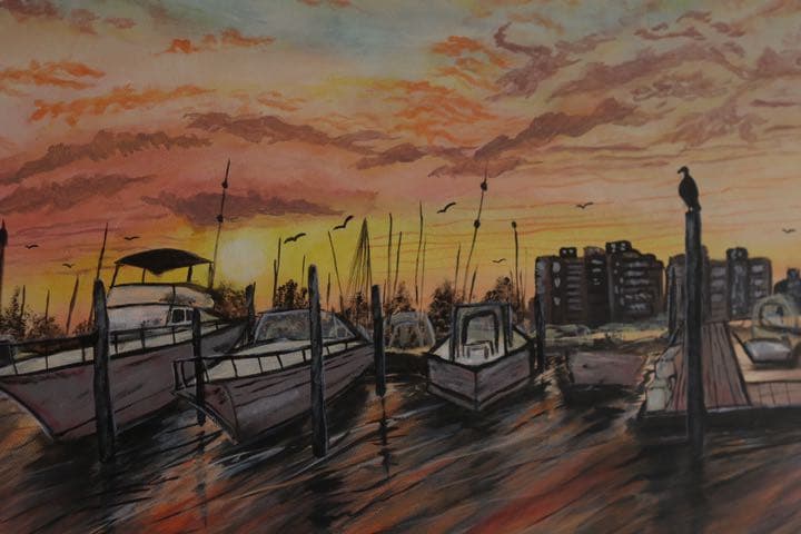 港の夕日　夏風景油絵　アクリル　インテリア飾り