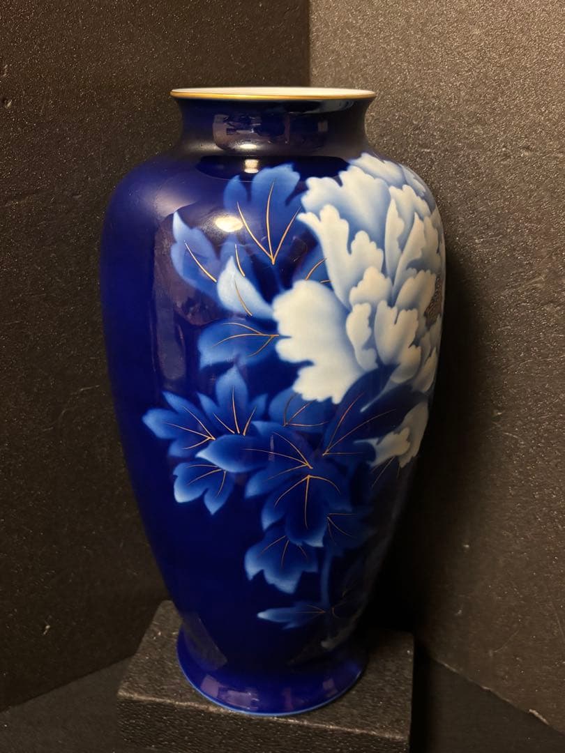 Yuki　深川製磁花瓶　瑠璃牡丹ルリ金彩　特大飾り壺１４号花生　台付