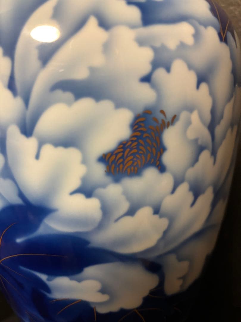 Yuki　深川製磁花瓶　瑠璃牡丹ルリ金彩　特大飾り壺１４号花生　台付