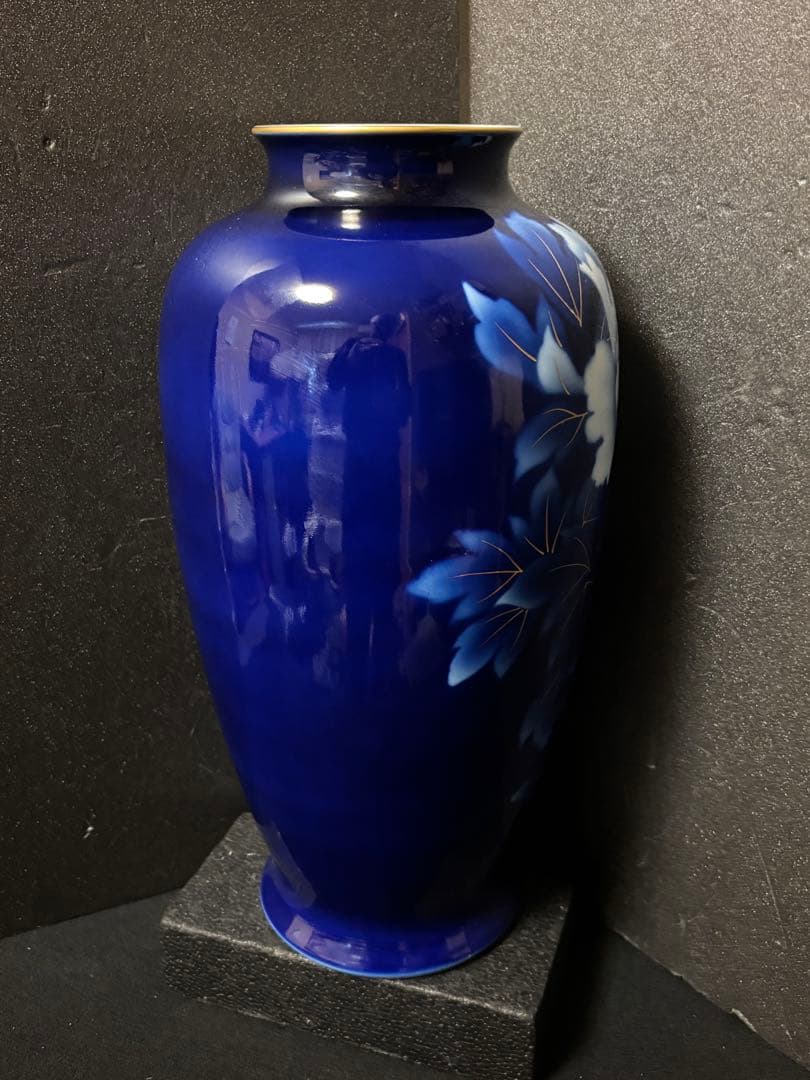 Yuki　深川製磁花瓶　瑠璃牡丹ルリ金彩　特大飾り壺１４号花生　台付