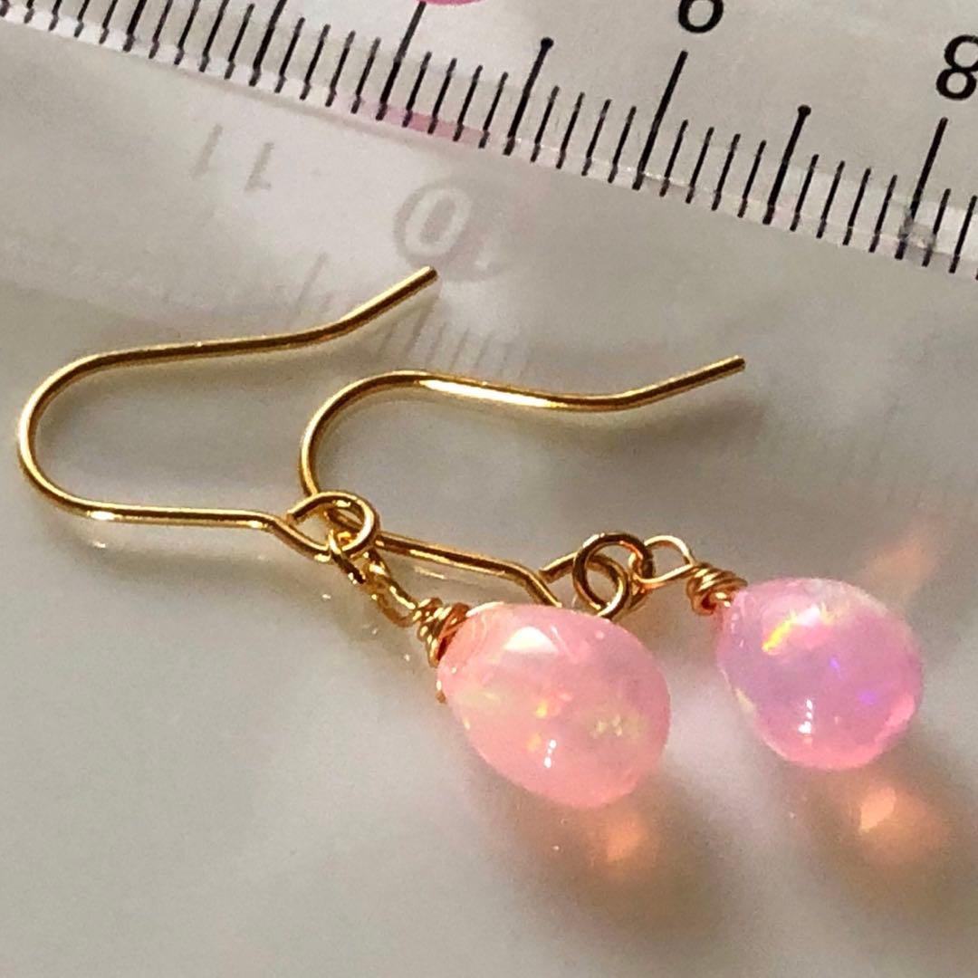 和兎様　天然石♡J大粒♡極上桜オパール1粒ピアス14kgf