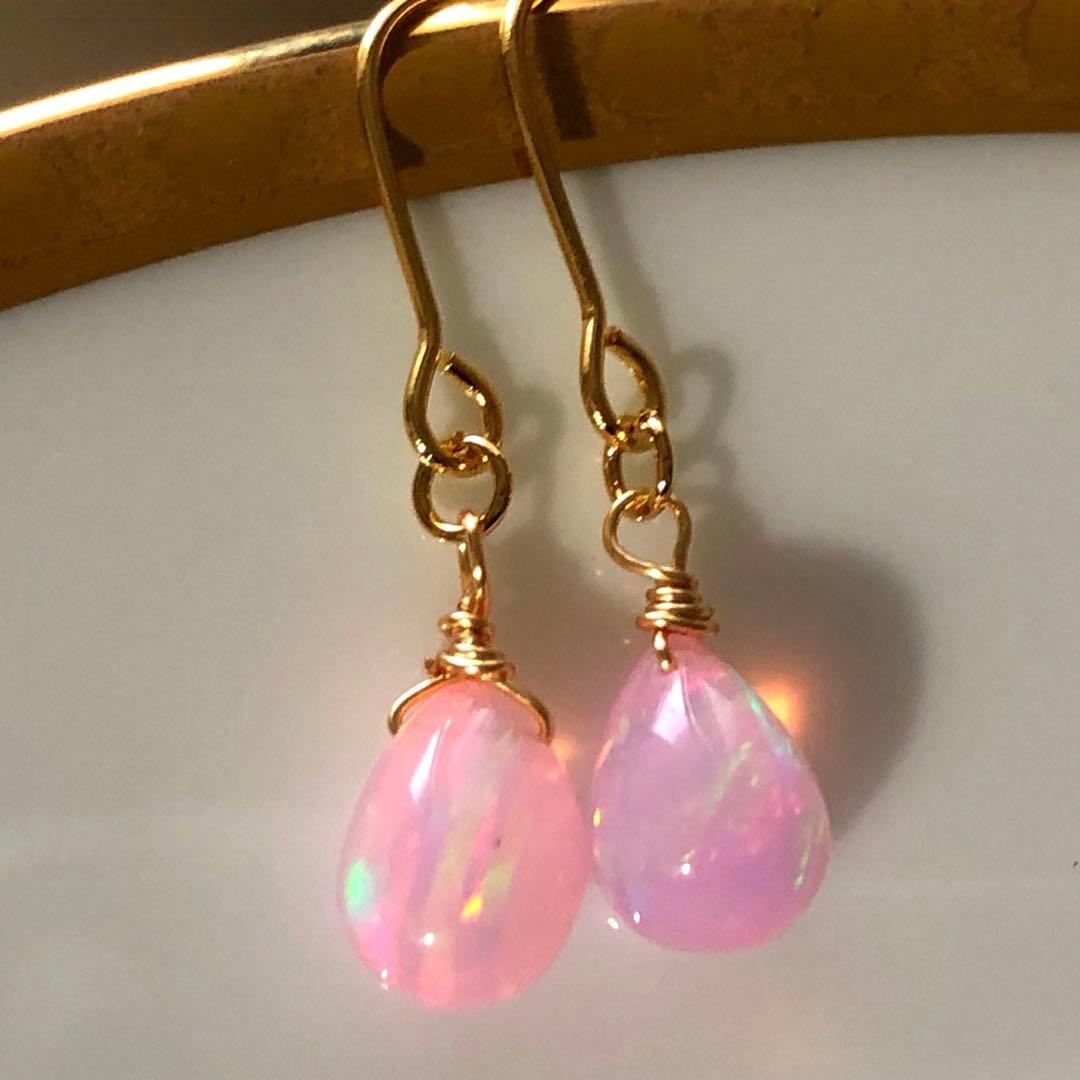和兎様　天然石♡J大粒♡極上桜オパール1粒ピアス14kgf
