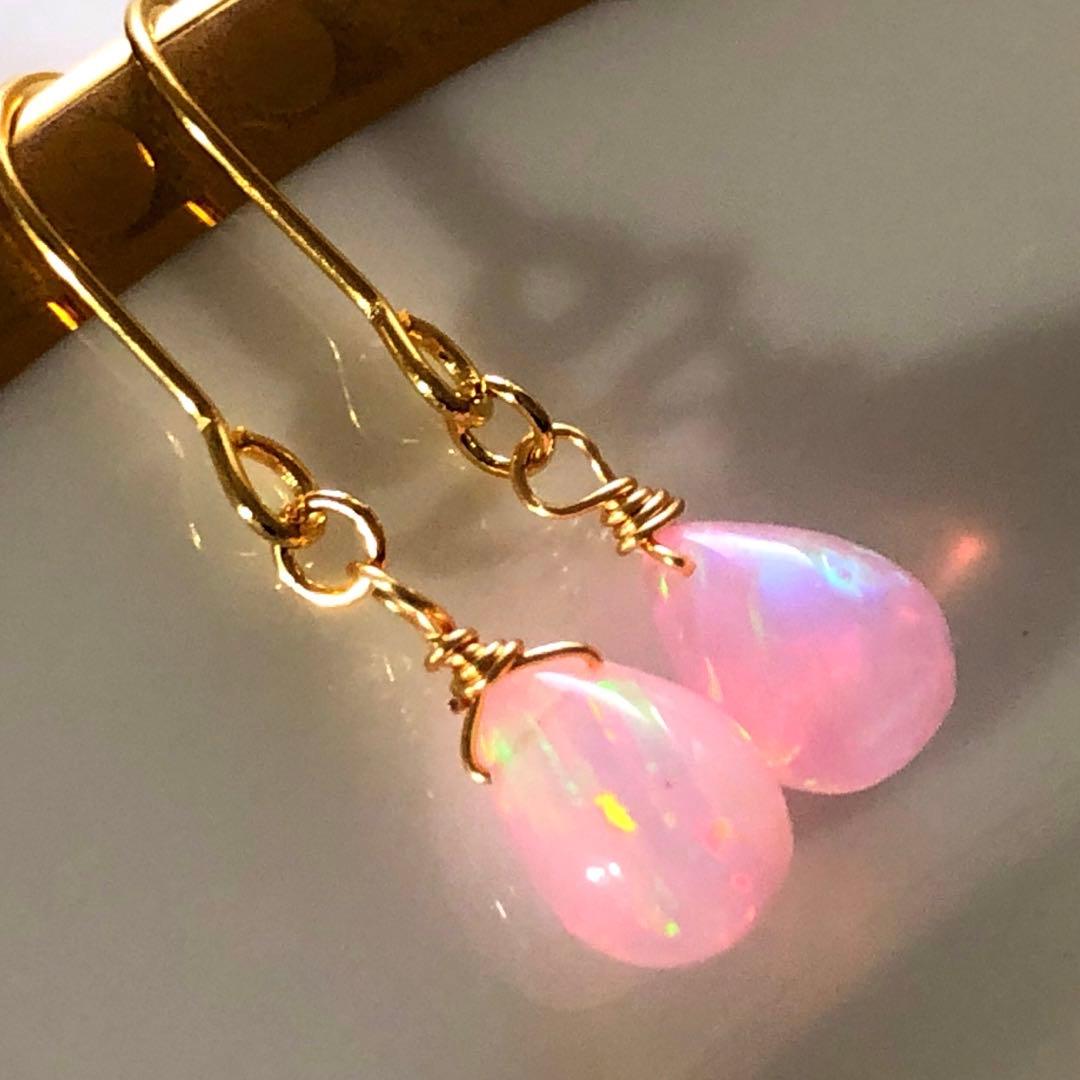 和兎様　天然石♡J大粒♡極上桜オパール1粒ピアス14kgf