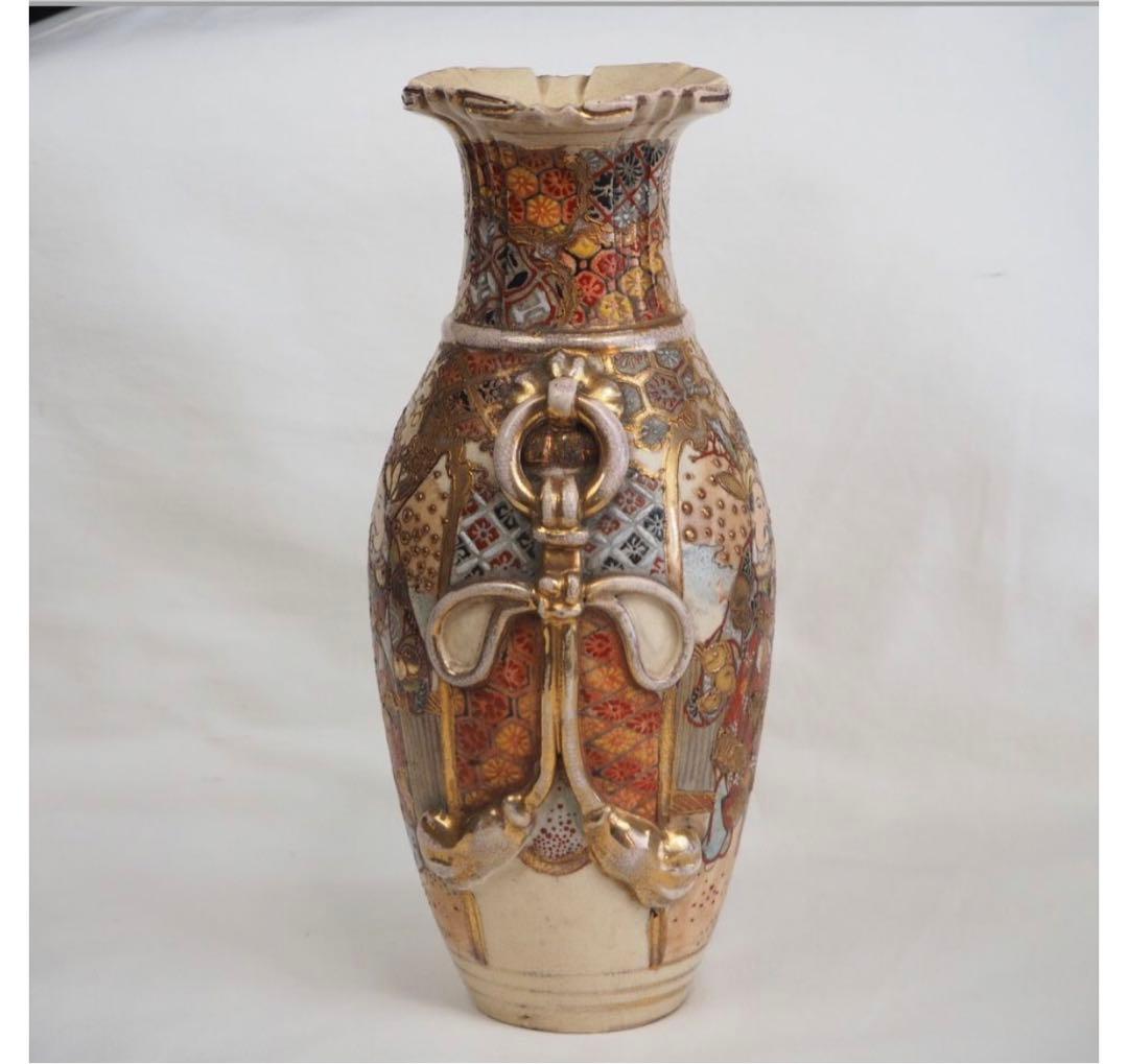 送料無料　明治期 薩摩焼 色絵金彩人物図花瓶