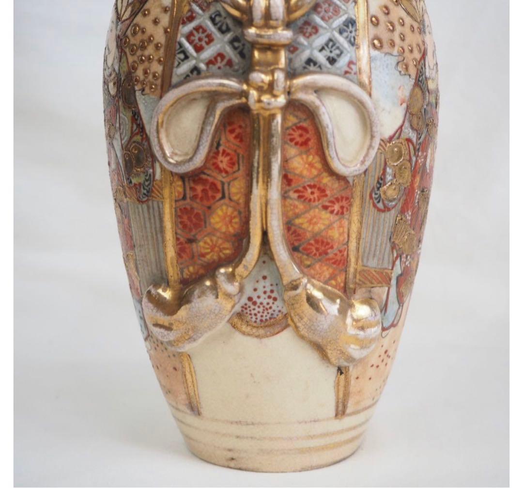 送料無料　明治期 薩摩焼 色絵金彩人物図花瓶