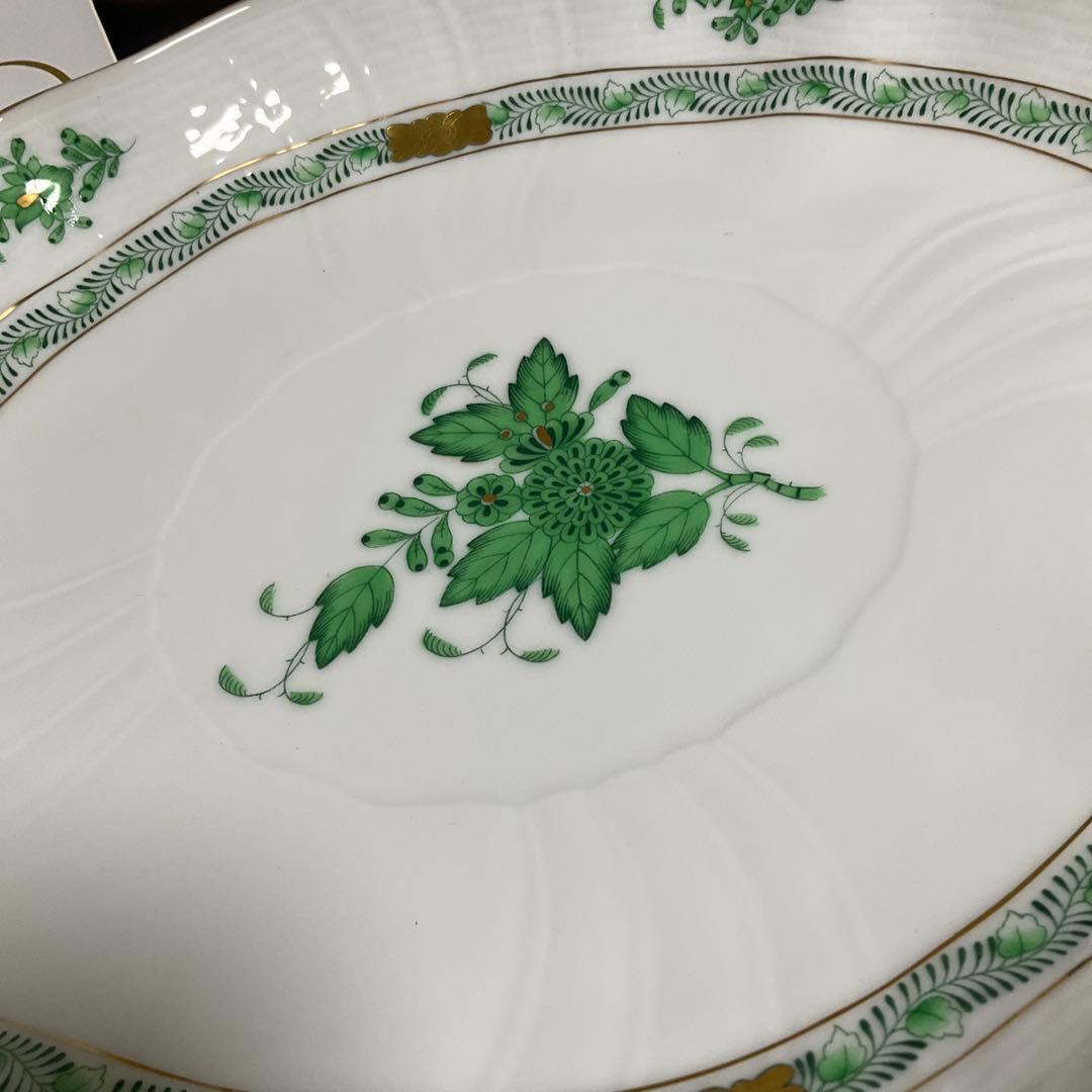 ヘレンド アポニーグリーン オーバルディッシュ ホワイト/グリーン