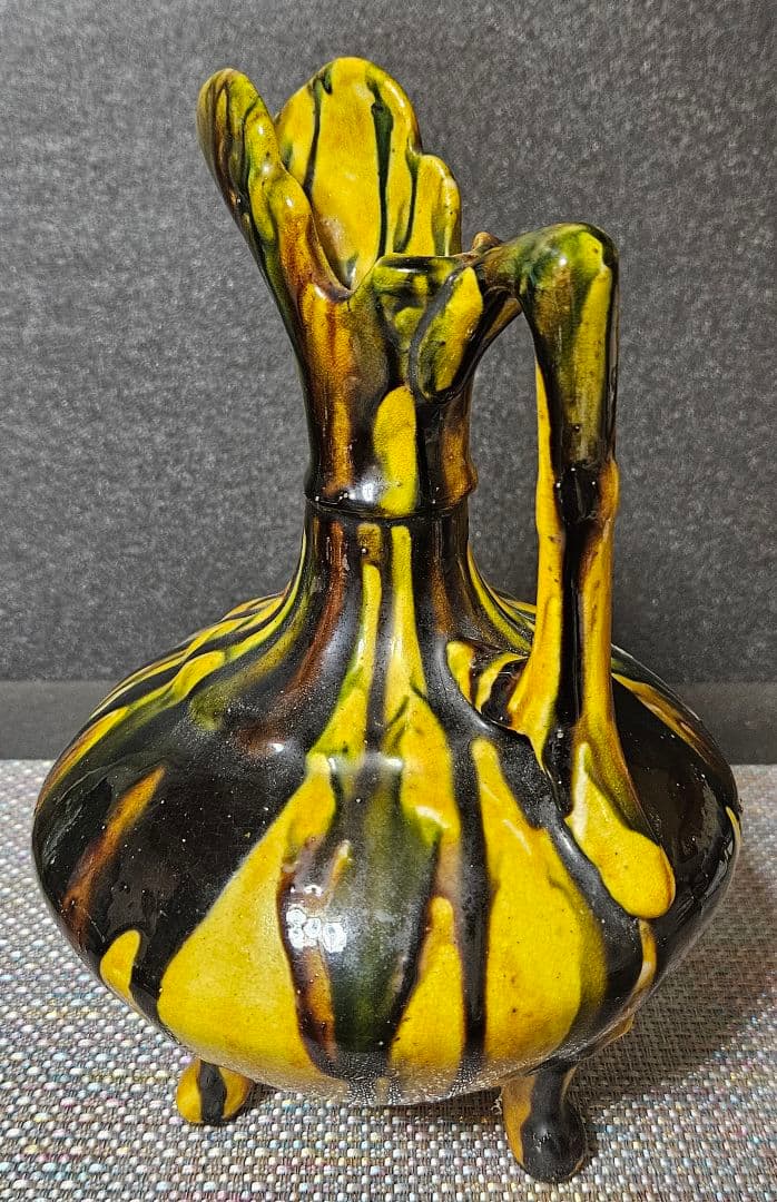 中国古美術　中国古陶磁器　古玩　時代物　遼三彩　鶏頭鶏冠形　手付水注　水瓶　酒瓶