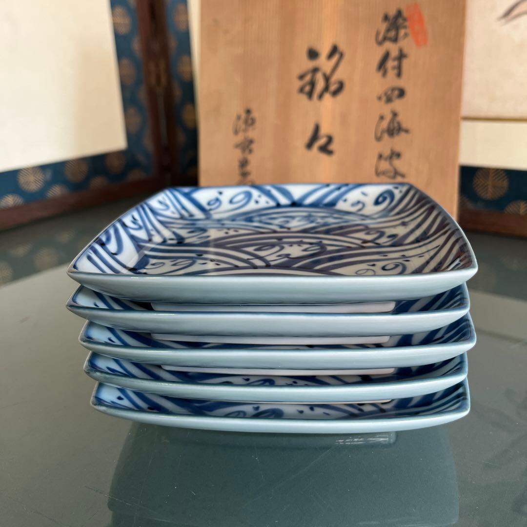 源右衛門　染付四海波　銘々皿5枚（F）