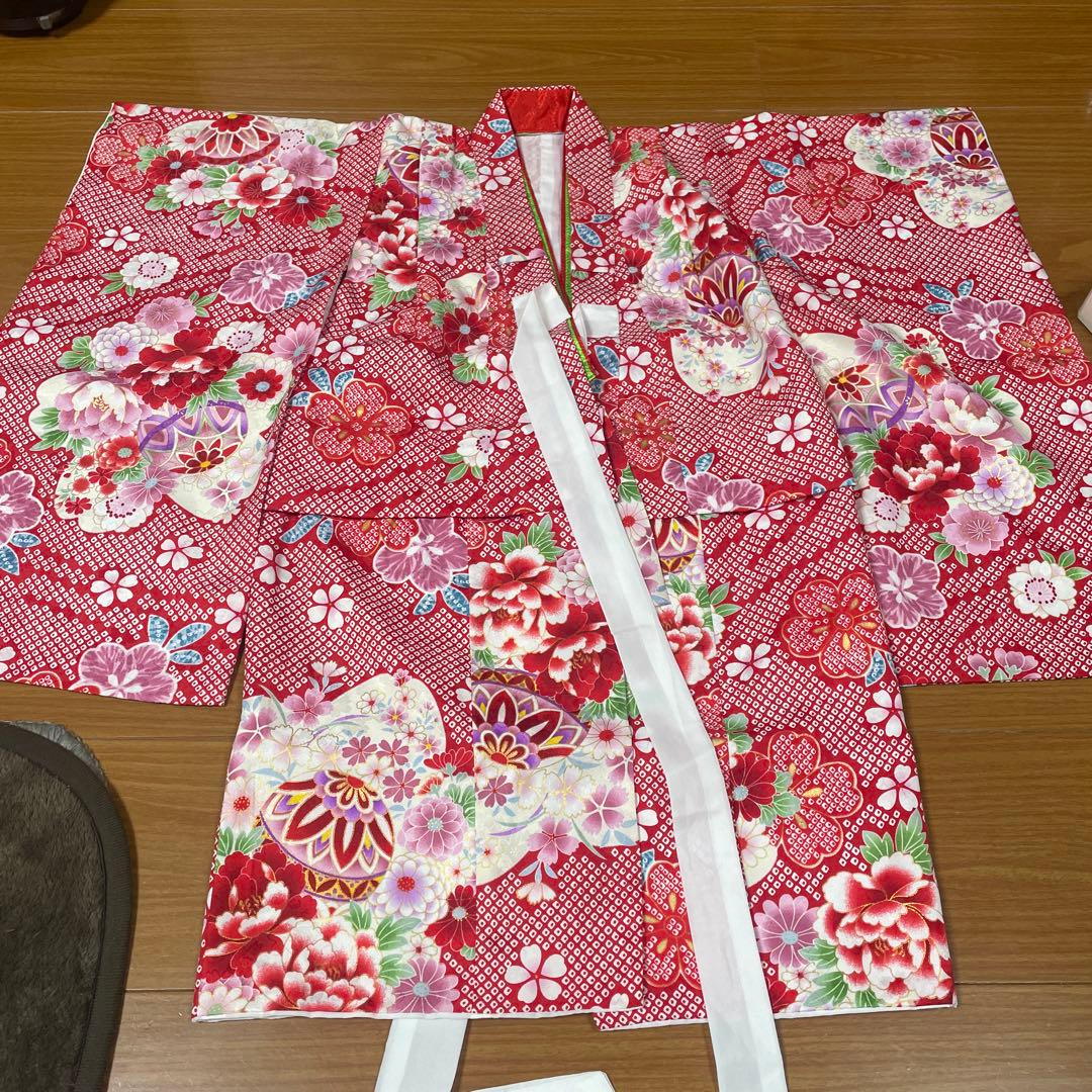 京都　花ひめ　七五三　三歳　一度使用　着物セット ピンクと赤の花柄 草履付き