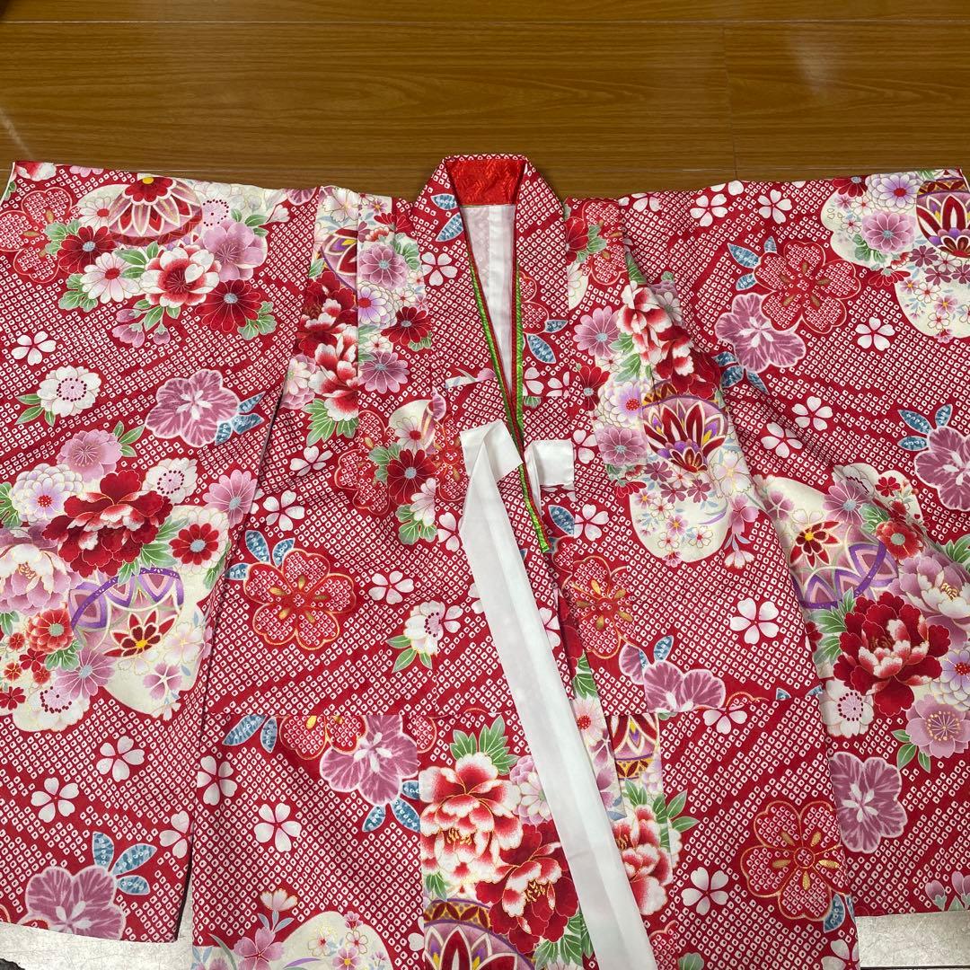 京都　花ひめ　七五三　三歳　一度使用　着物セット ピンクと赤の花柄 草履付き