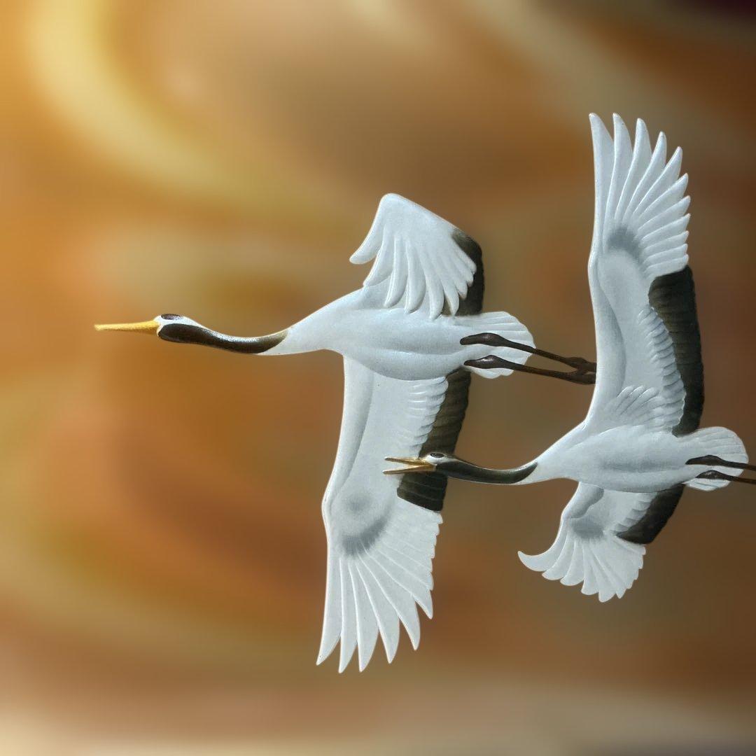 【朝明の鶴】晴山作 美芸彫金パネル 額装 九峯山 総善寺 落慶記念 縁起物