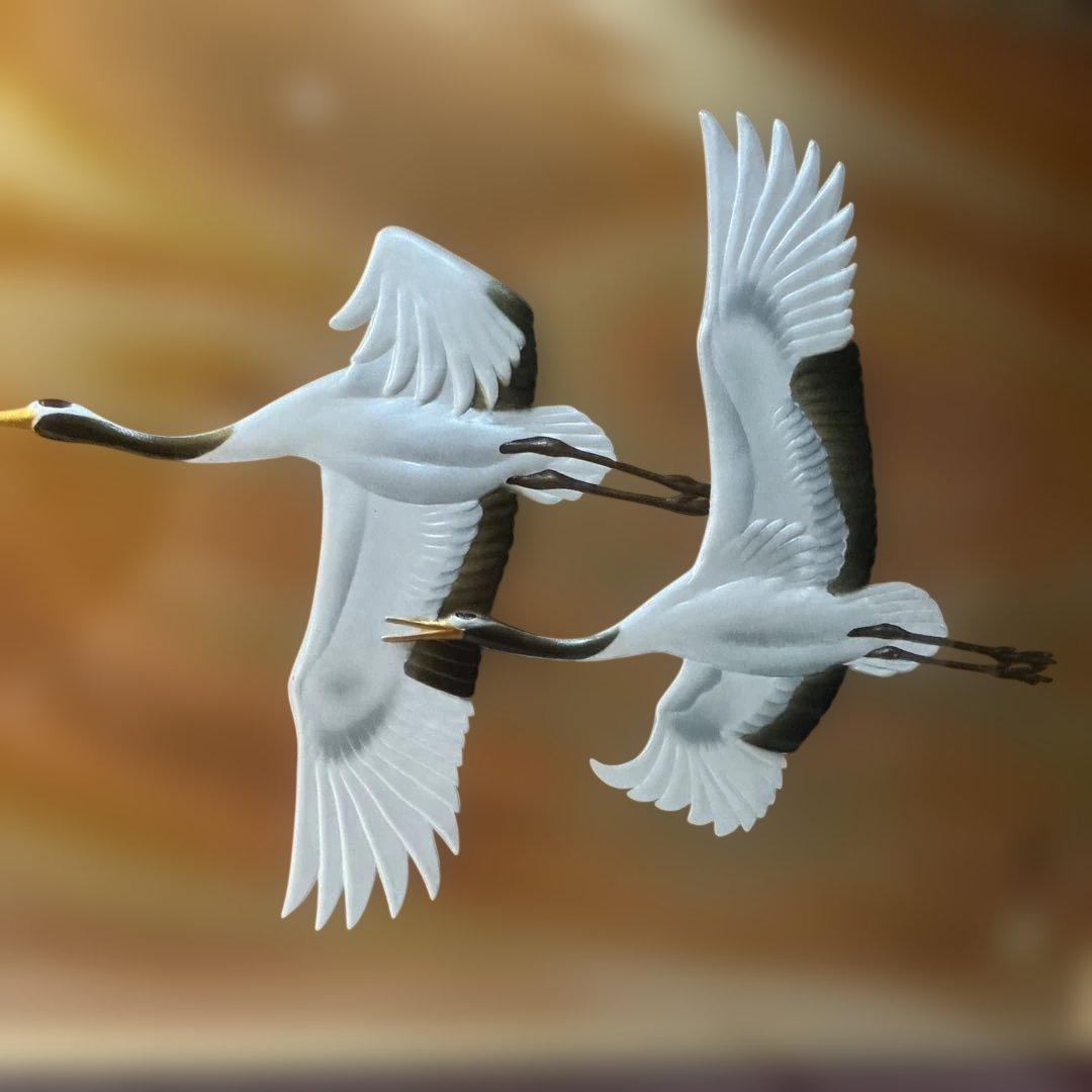 【朝明の鶴】晴山作 美芸彫金パネル 額装 九峯山 総善寺 落慶記念 縁起物