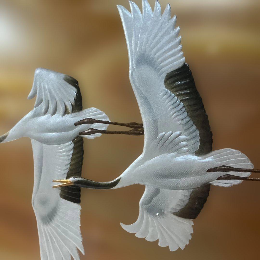 【朝明の鶴】晴山作 美芸彫金パネル 額装 九峯山 総善寺 落慶記念 縁起物