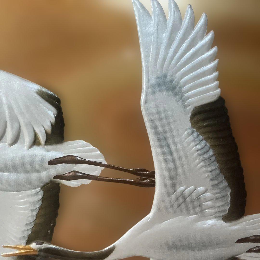 【朝明の鶴】晴山作 美芸彫金パネル 額装 九峯山 総善寺 落慶記念 縁起物