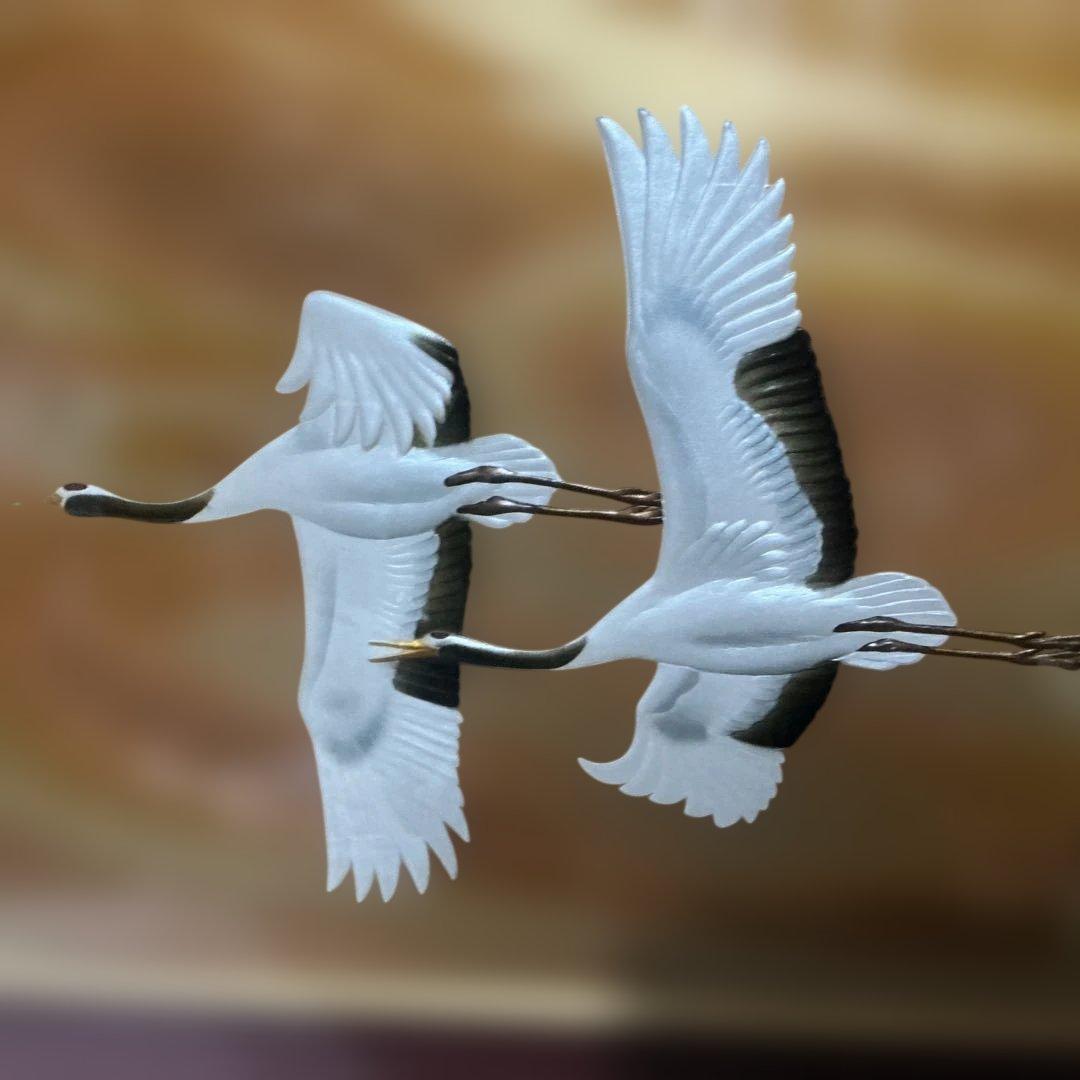 【朝明の鶴】晴山作 美芸彫金パネル 額装 九峯山 総善寺 落慶記念 縁起物