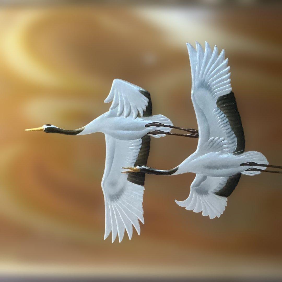 【朝明の鶴】晴山作 美芸彫金パネル 額装 九峯山 総善寺 落慶記念 縁起物