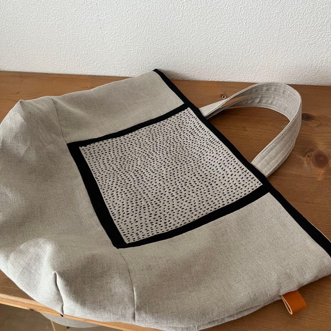 リネンの大きい刺し子バック　ハンドメイド パッチワーク