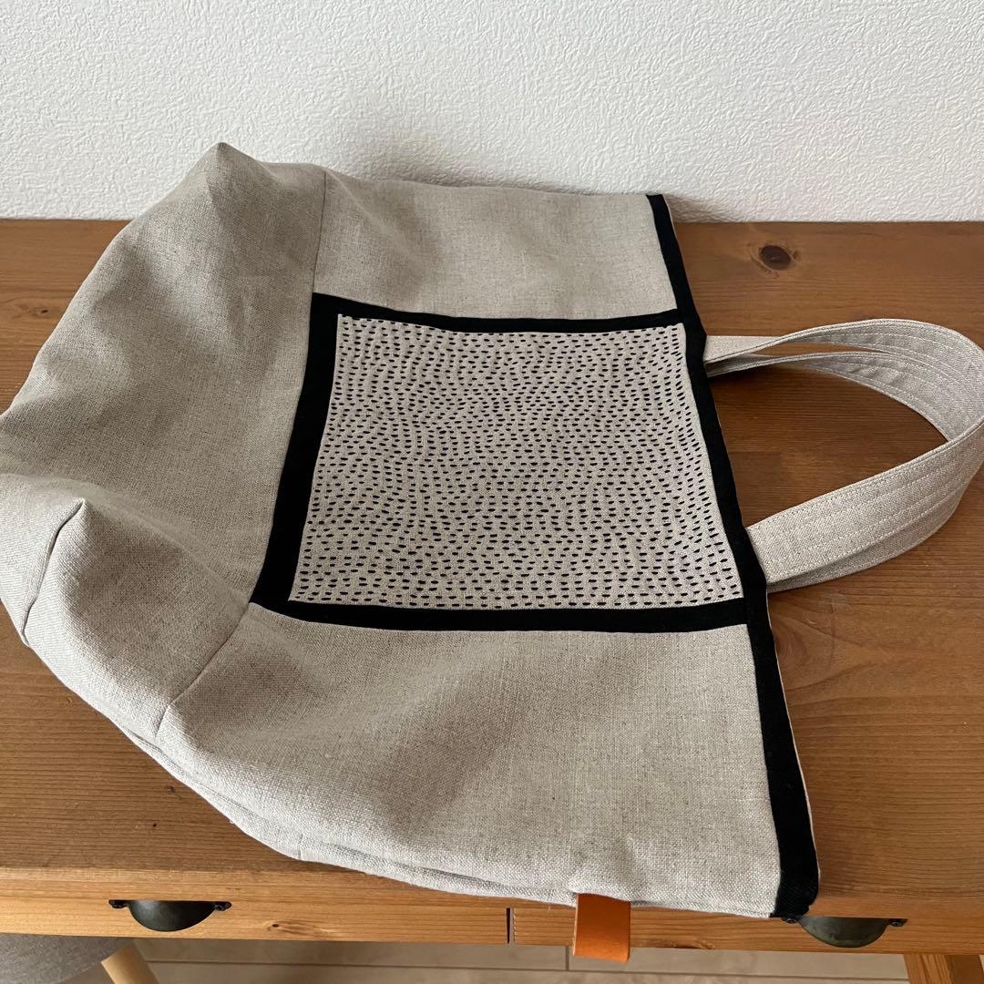 リネンの大きい刺し子バック　ハンドメイド パッチワーク