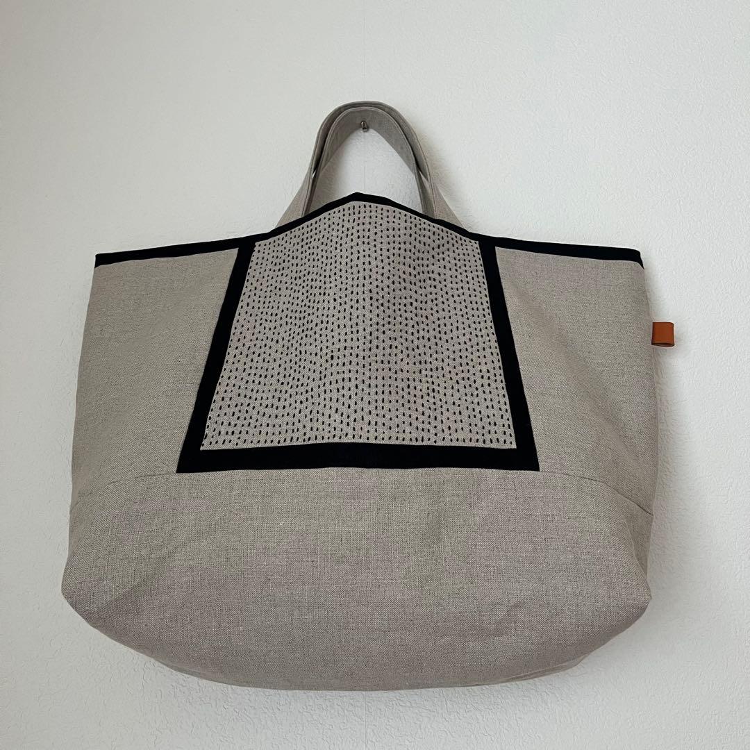 リネンの大きい刺し子バック　ハンドメイド パッチワーク