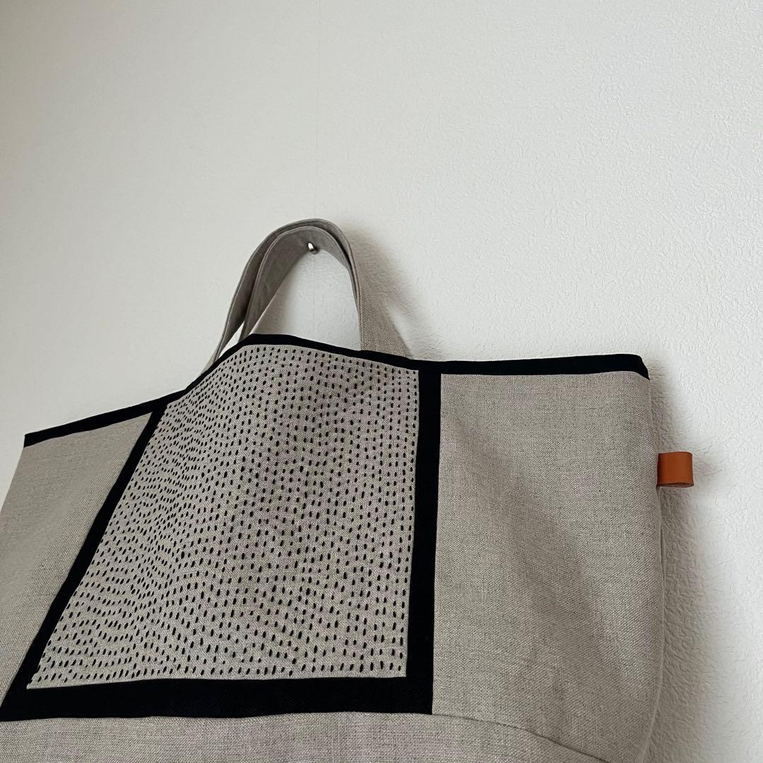 リネンの大きい刺し子バック　ハンドメイド パッチワーク