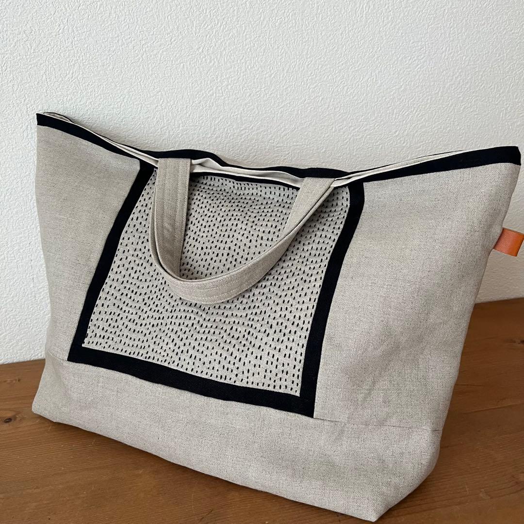 リネンの大きい刺し子バック　ハンドメイド パッチワーク
