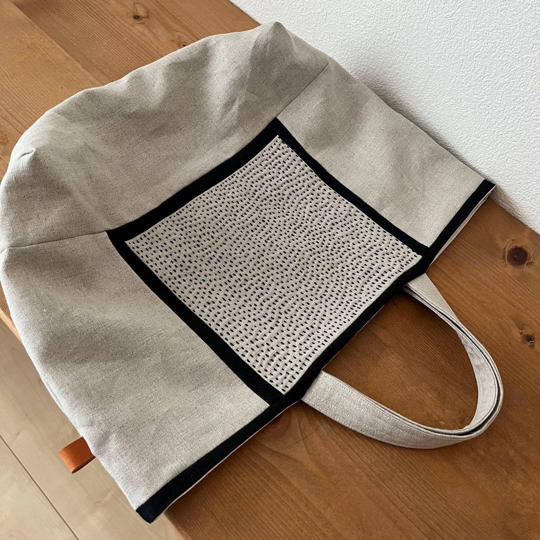 リネンの大きい刺し子バック　ハンドメイド パッチワーク