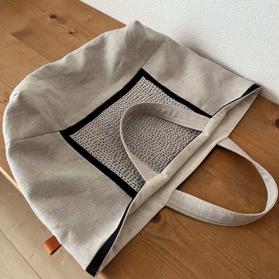 リネンの大きい刺し子バック　ハンドメイド パッチワーク