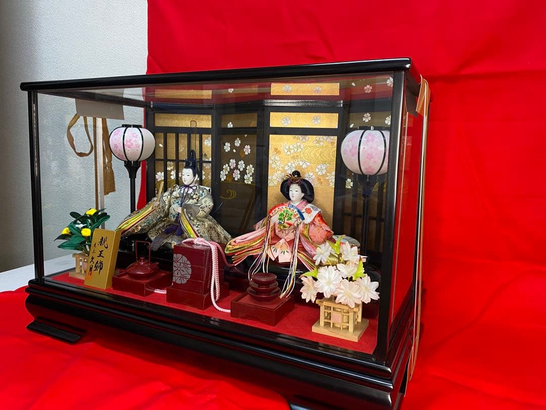 東京久月　雛人形屏風付ガラスケース親王飾り・間口約５７×奥行約３４×高さ約３９㎝