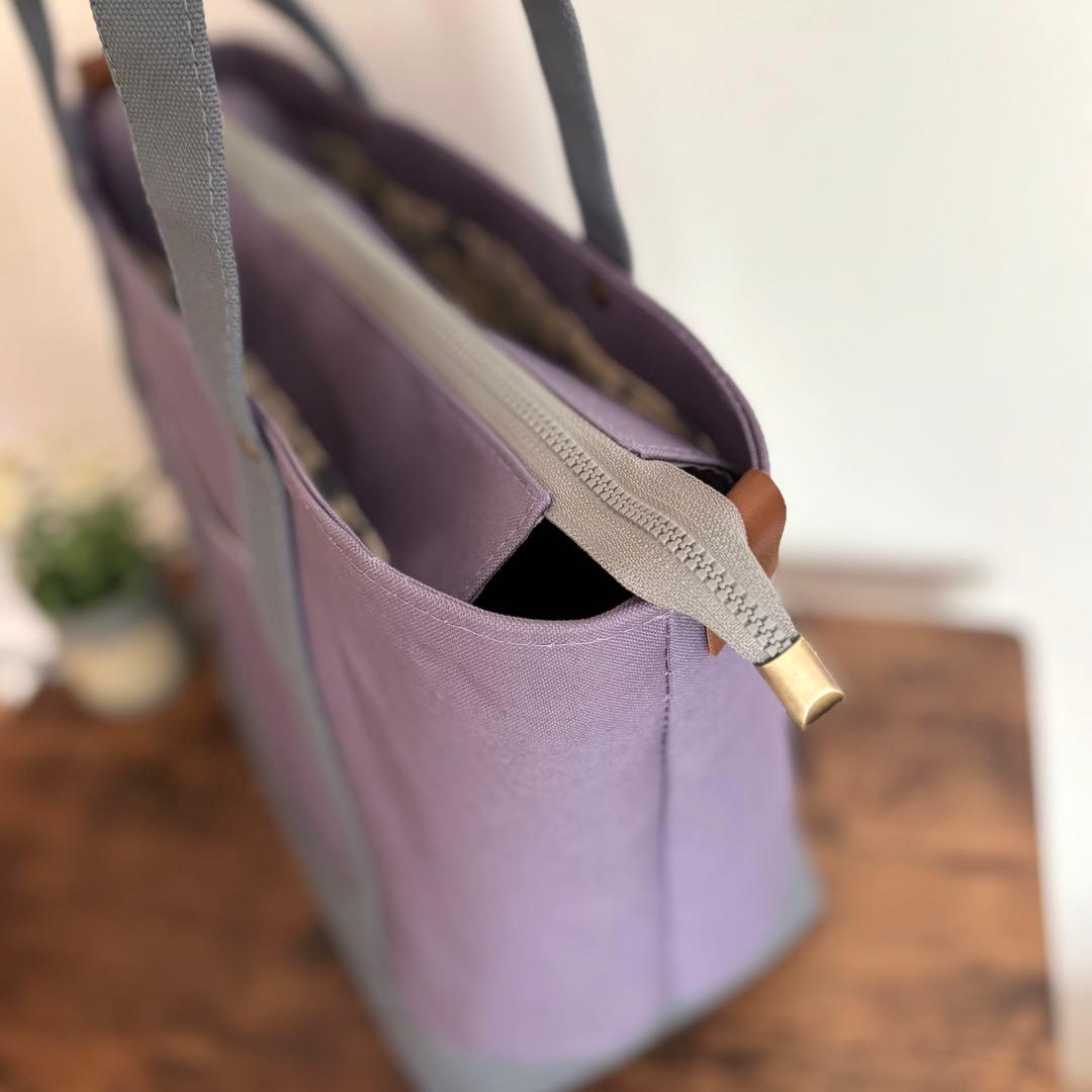 【みとゆ、K】あおりポケット付きトートバッグL 帆布　スモークバイオレット