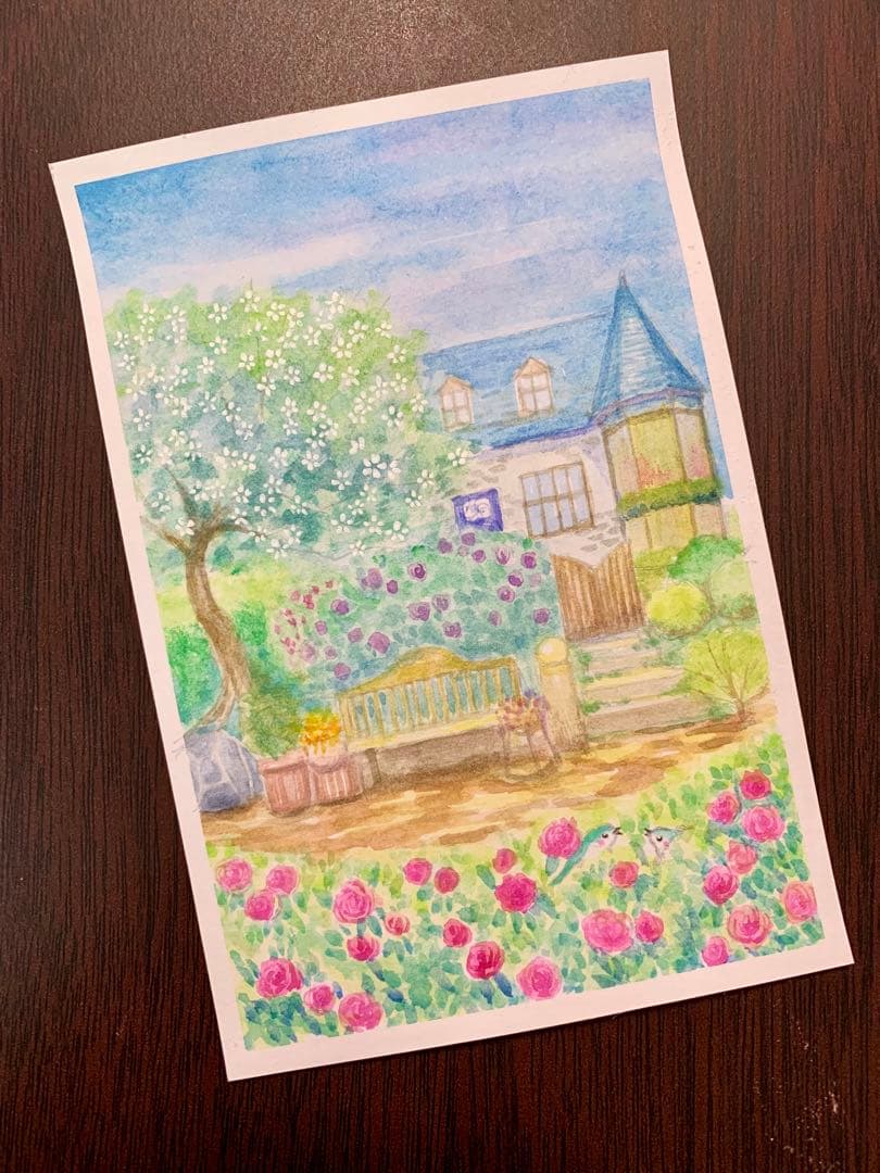 水彩風景画 花と木のある家　値段は※900円です