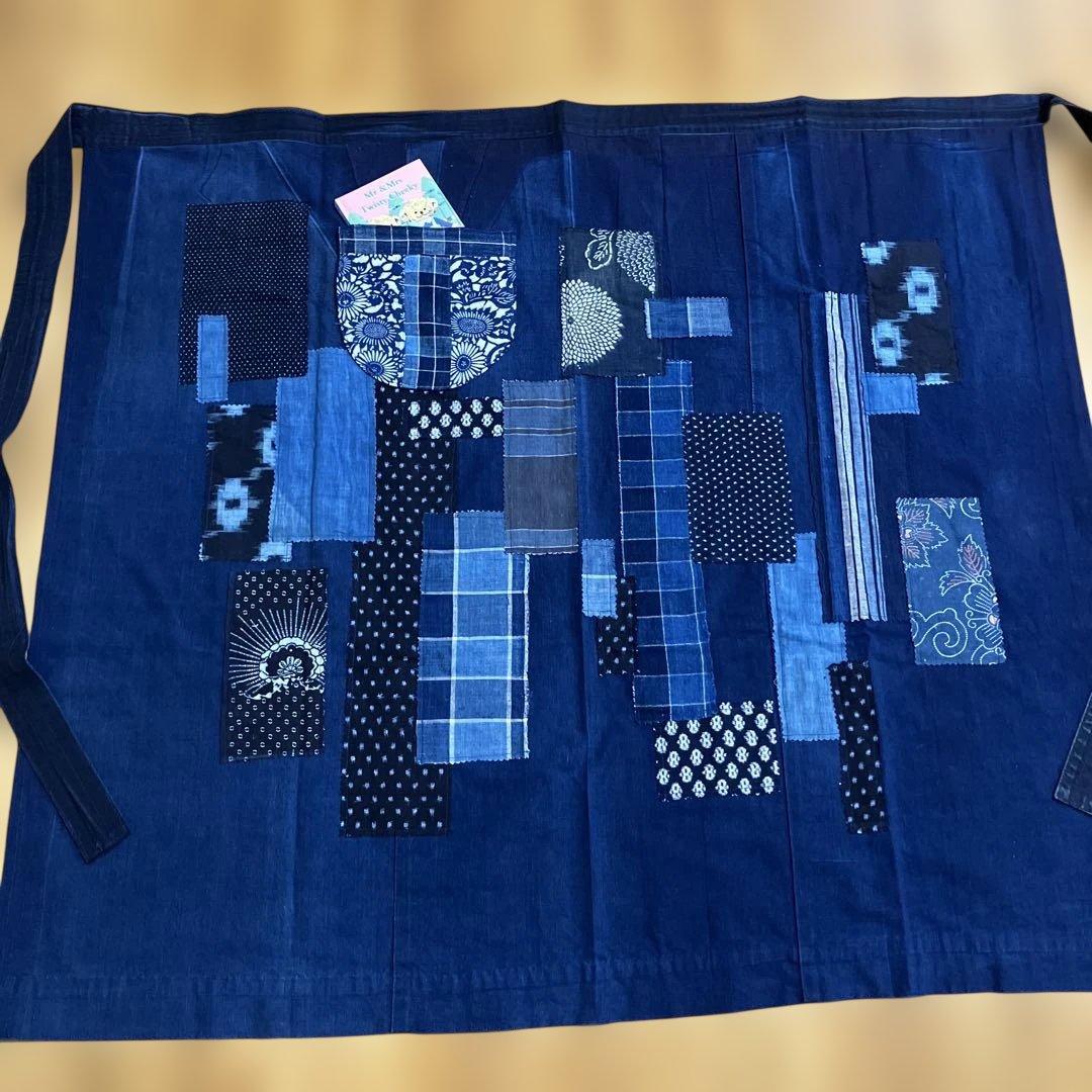 お値下げ藍染めリメイク前掛エプロン古布型染め雪ん子縞木綿男女兼用