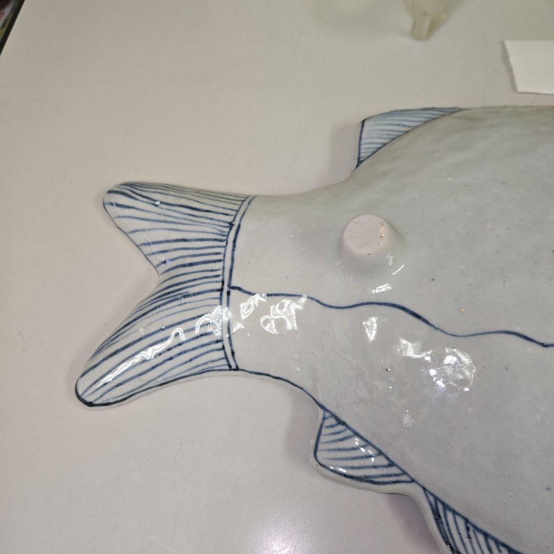 485　藍色魚　飾り皿&盛り付け皿　皿立て付き　手作り