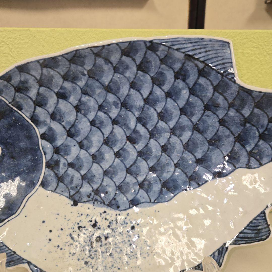 485　藍色魚　飾り皿&盛り付け皿　皿立て付き　手作り