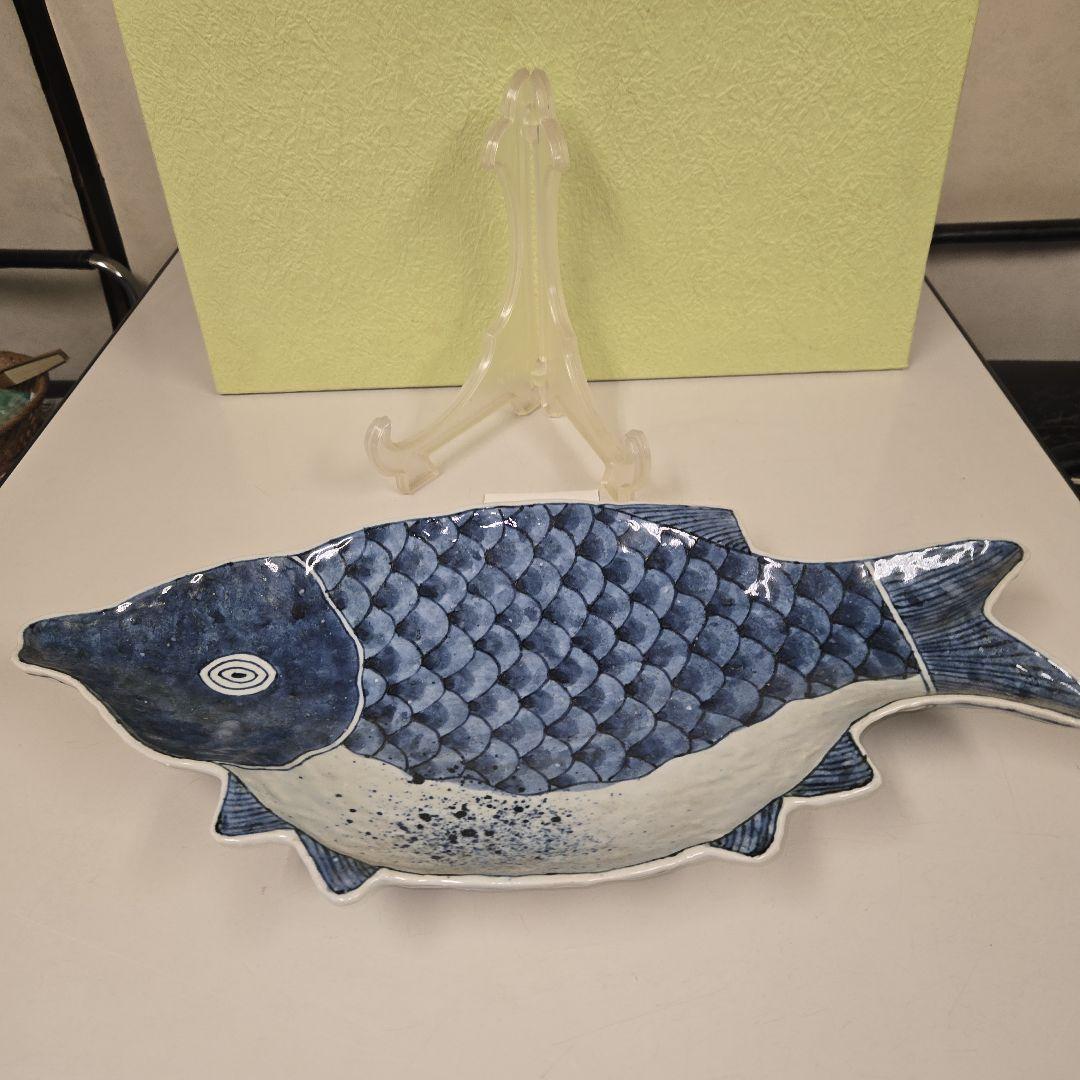 485　藍色魚　飾り皿&盛り付け皿　皿立て付き　手作り