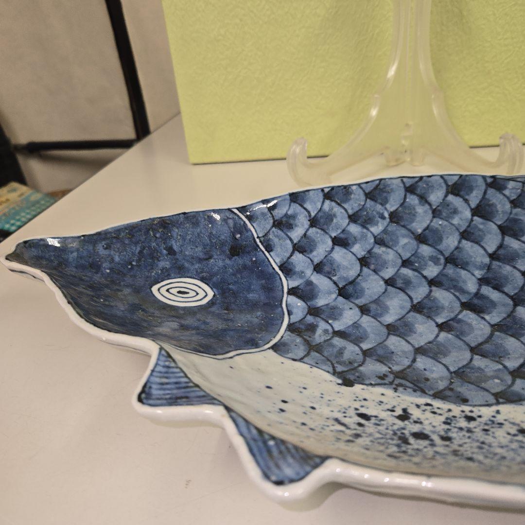 485　藍色魚　飾り皿&盛り付け皿　皿立て付き　手作り